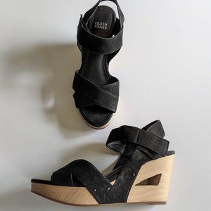 Eileen Fisher Strappy Sandals - Black - Sz 8.5 - Wood Platform - Ankle Closure